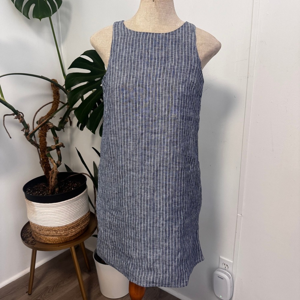 Quince Linen Shift Dress Womens XS Navy Blue White Striped Sleeveless Mini